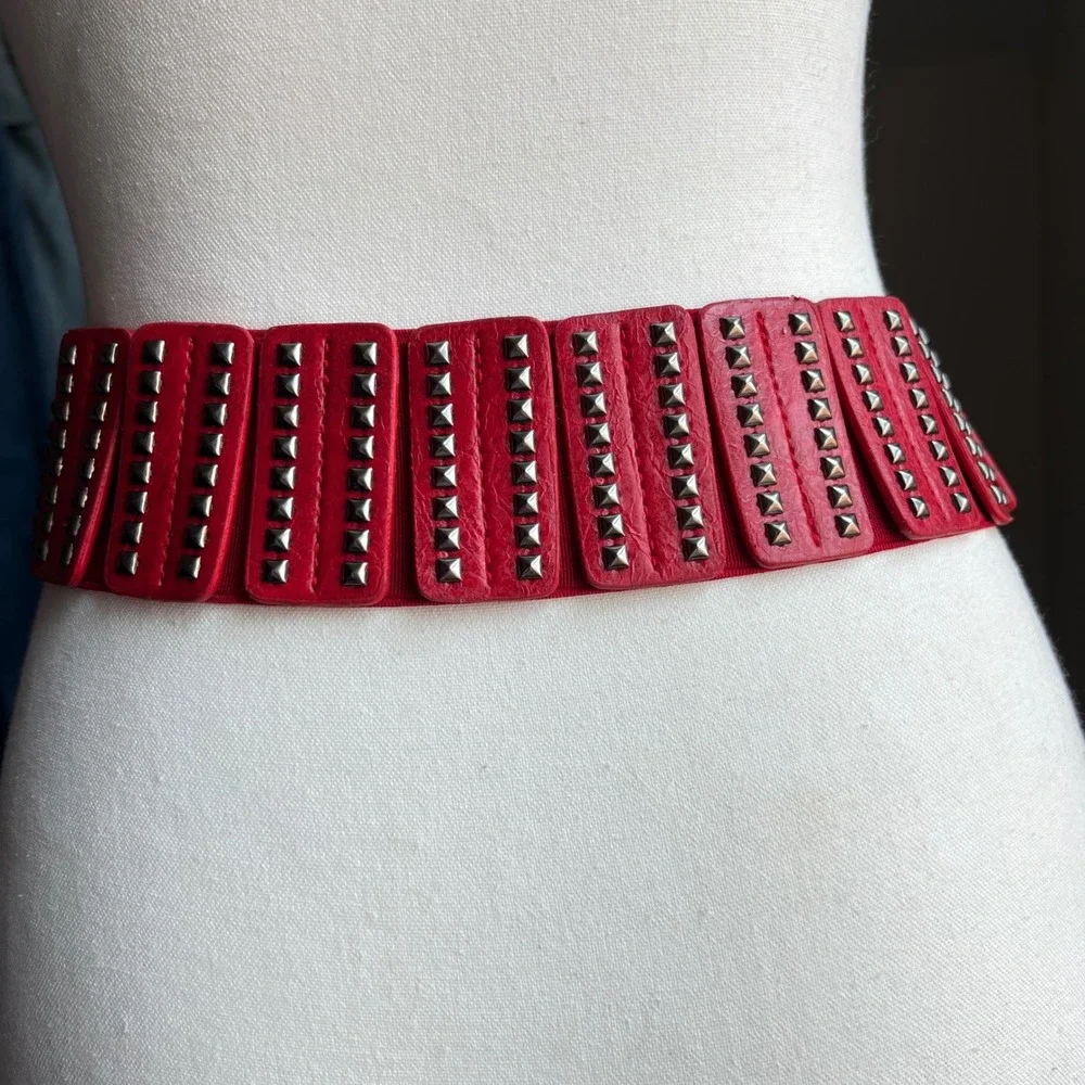 Y2K Studded Asymmetrical Elastic Cinch Waist Belt Statement Red Punk Thick Wide